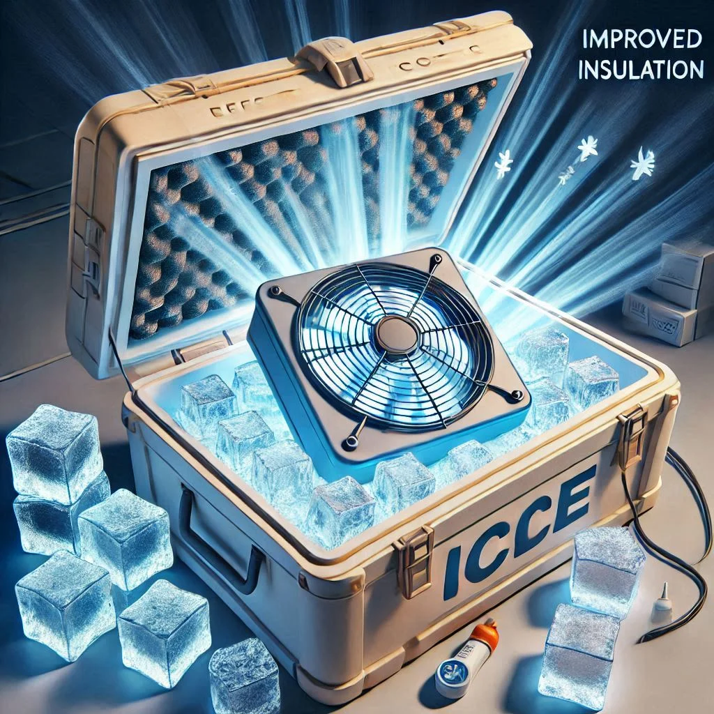 "An image showing a fan inside the ice chest with improved insulation and large ice blocks, highlighting effective cooling."