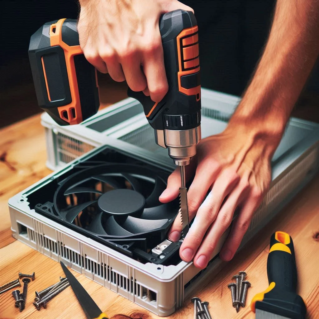 "An image of a person using a jigsaw to carefully cut a hole in the top of a cooler for the fan installation."