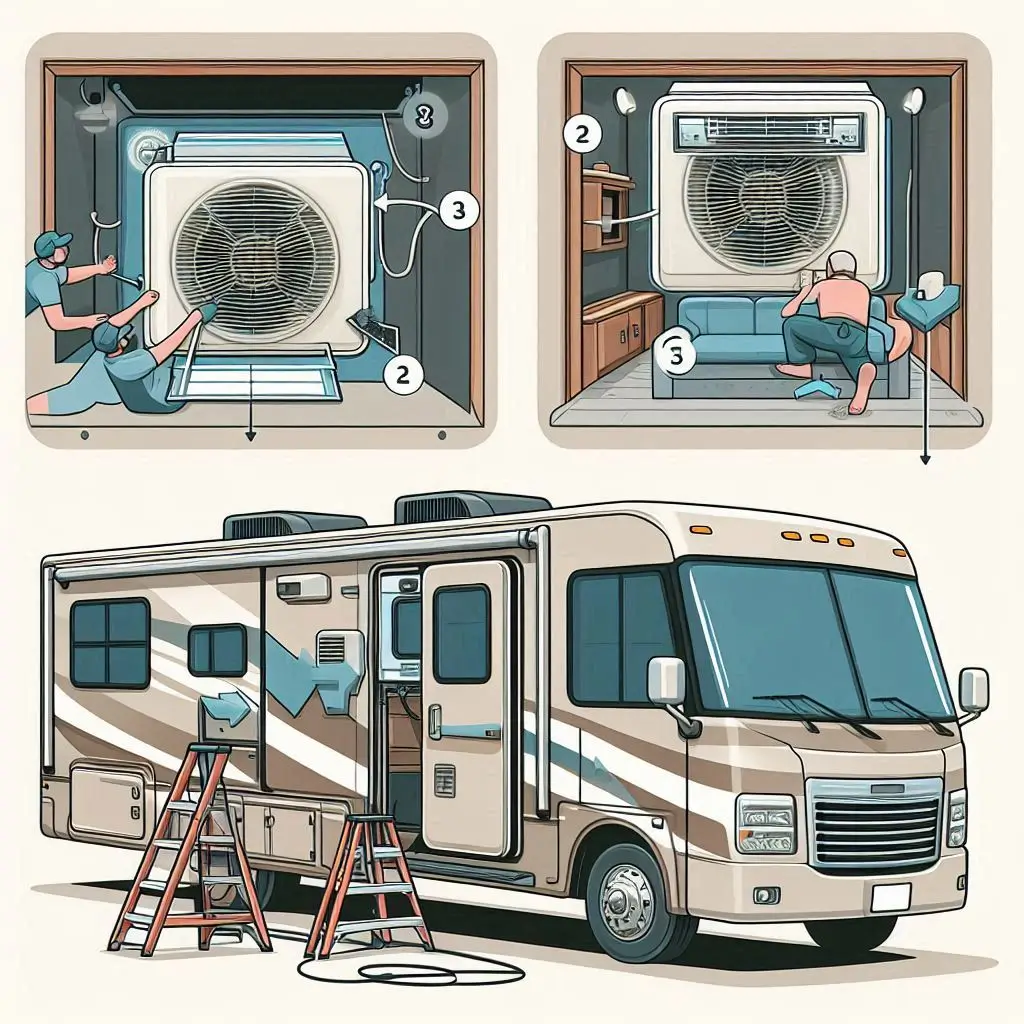 A visual guide showing an RV air conditioner being positioned and mounted into the vent opening, with step-by-step labels.