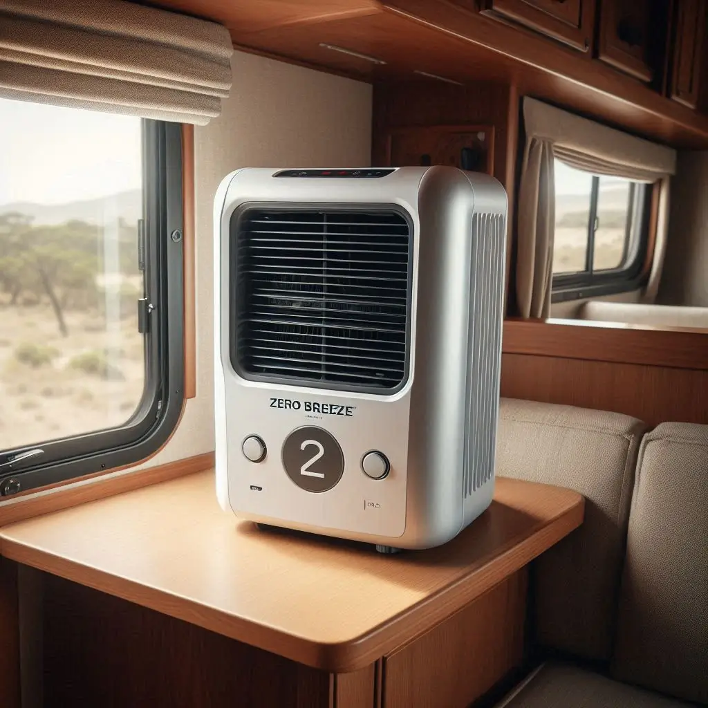 A close-up of a Zero Breeze Mark 2 portable AC unit in use inside an RV, positioned near a window. The image should emphasize the lightweight and compact nature of the unit while showcasing its functionality.