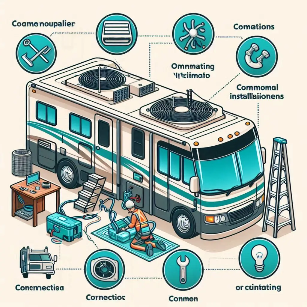 A diagram showing proper installation practices for an RV air conditioning unit, highlighting common installation mistakes and corrections.