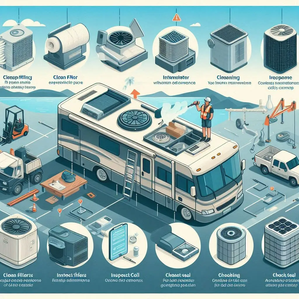 An infographic detailing the routine maintenance steps for rooftop RV air conditioners, including visuals for cleaning filters, inspecting coils, and checking seals.