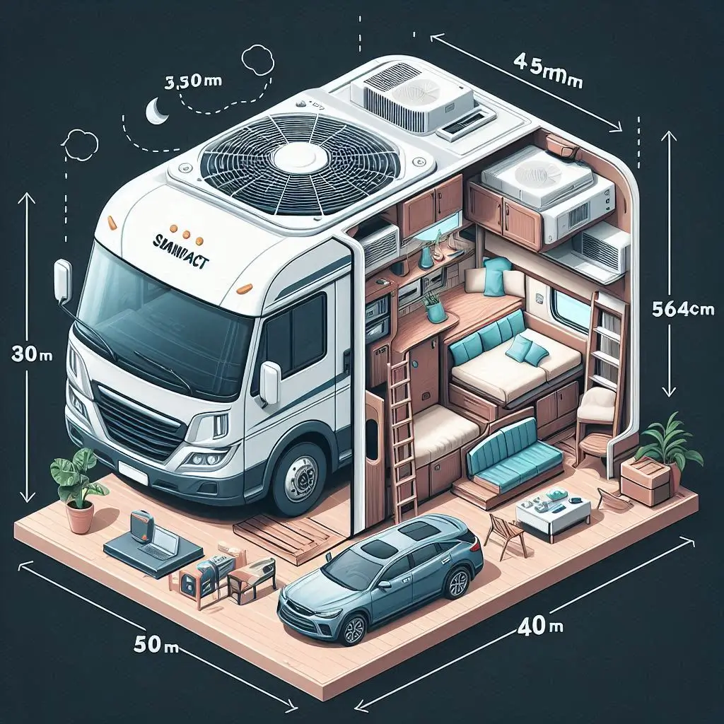 A detailed infographic comparing the size of a small RV AC vs. a standard rooftop AC, showing how compact models save space inside an RV.