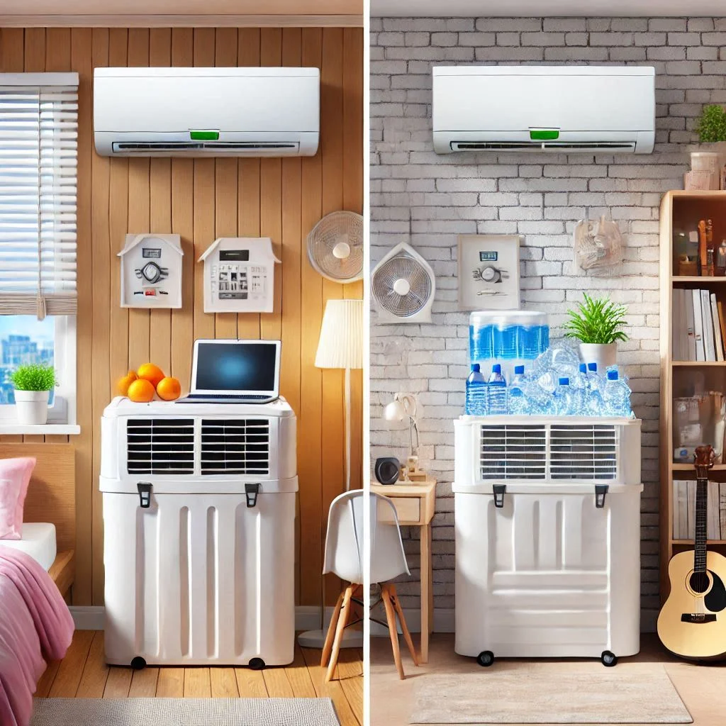 "A side-by-side comparison of a traditional air conditioning unit and a DIY ice chest air conditioner, highlighting the energy-efficient, cost-effective benefits of the ice chest air conditioner in a small room."