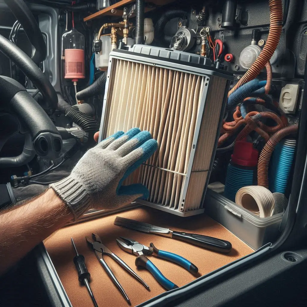 "A person cleaning the air filter of a van air conditioning unit, with visible tools and materials, emphasizing the importance of regular maintenance for optimal performance."