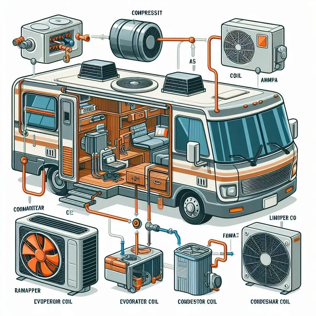 A diagram illustrating the components of an RV air conditioner, including the compressor, evaporator coil, condenser coil, and fan.