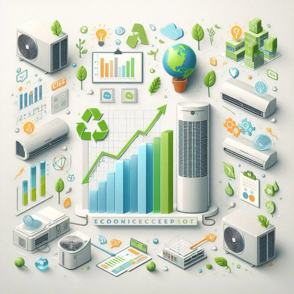 A visual representation of the environmental benefits of energy-efficient air conditioners, including graphs showing reduced carbon emissions and illustrations of eco-friendly refrigerants.