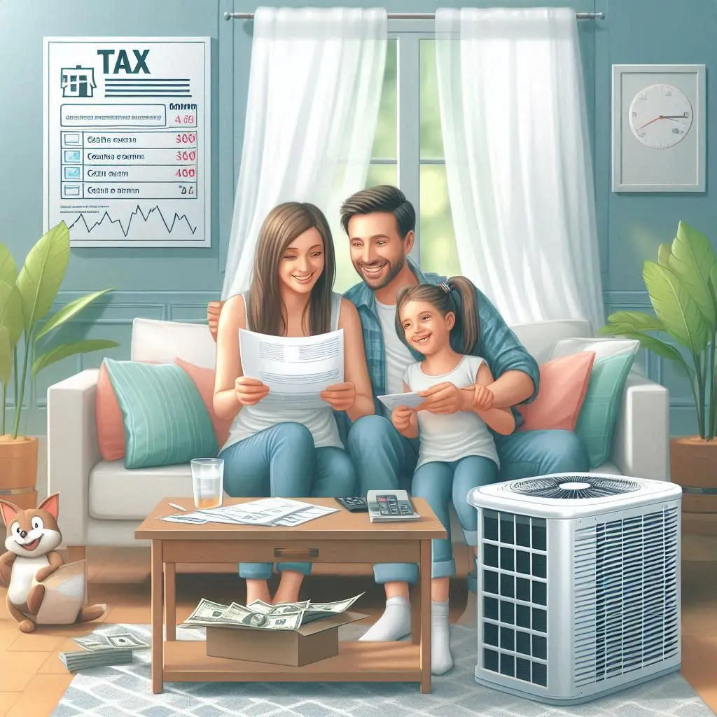 A family enjoying the comfort of their new air conditioning system while reviewing their tax documents, with a visual representation of tax credits in the background.