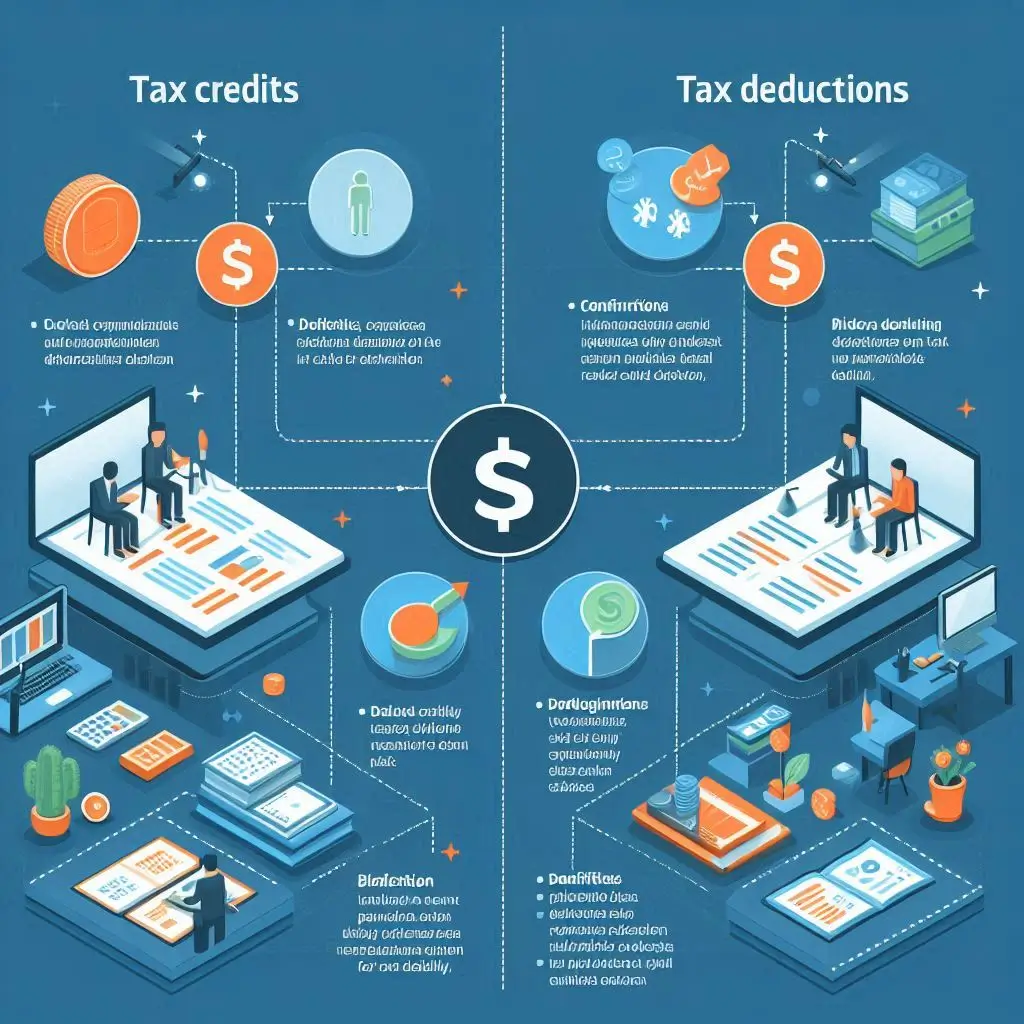 A comparative chart illustrating the differences between tax credits and tax deductions, highlighting key characteristics, benefits, and impact on tax liability.