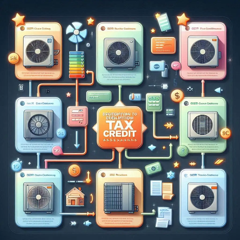 A visual representation of the steps to determine eligibility for tax credits, showcasing various air conditioning systems and their SEER ratings.
