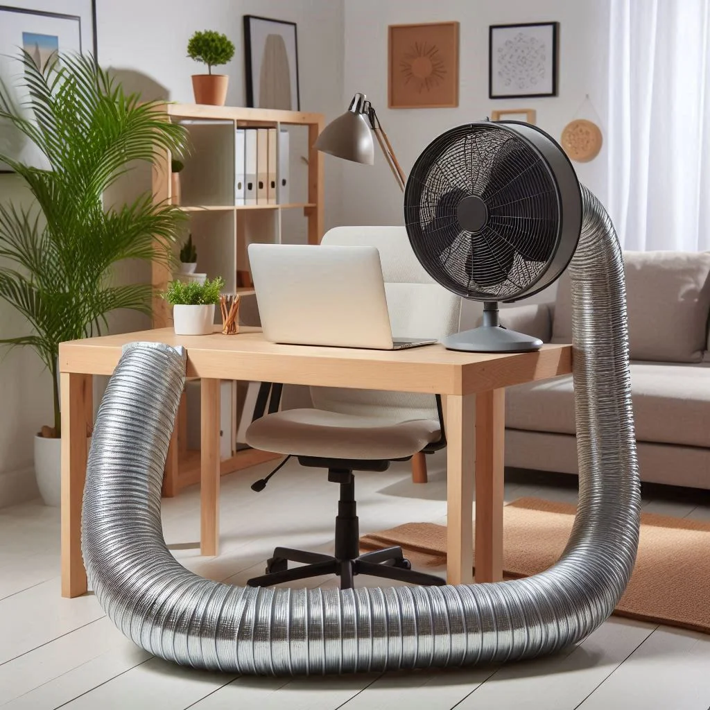 "An image showing flexible ducting attached to the fan, directing cool air towards a desk or chair in a home office."