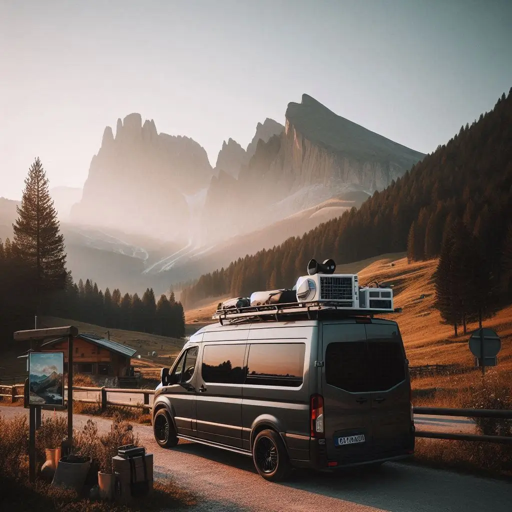"A scenic view of a van parked in a beautiful outdoor location with mountains in the background, showcasing the lifestyle benefits of van life with an emphasis on comfort and climate control."