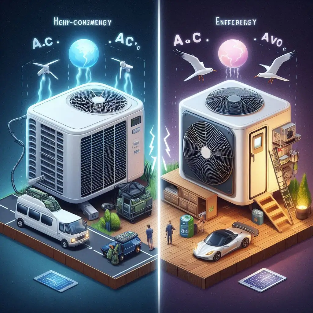 A side-by-side comparison of a high-energy-consuming RV AC vs. an energy-efficient small AC, highlighting differences in power consumption and battery usage.