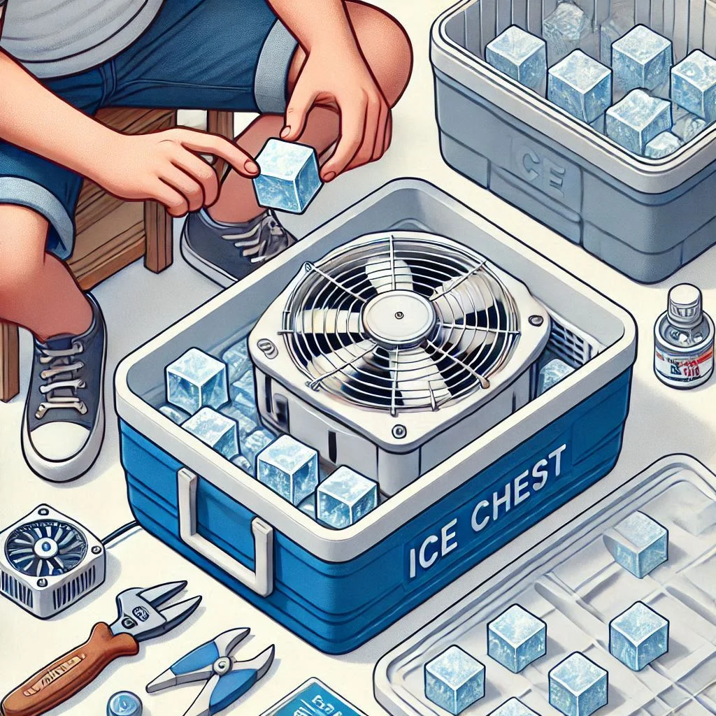 "A person assembling a DIY ice chest air conditioner with a small fan, ice chest, and ice blocks. The fan is positioned at the opening of the chest, ready to circulate the cool air into the room."