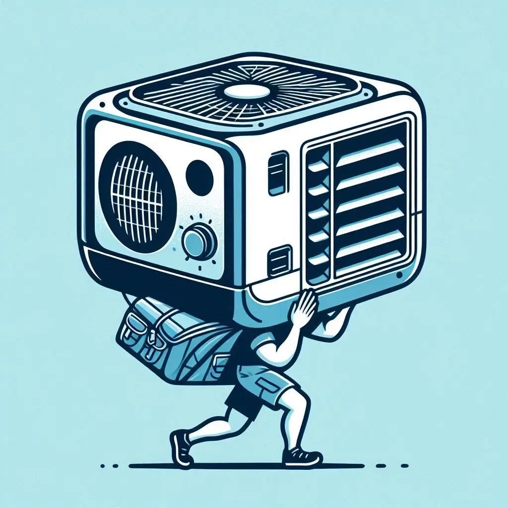 An image showcasing a portable air conditioner being carried by a camper, emphasizing its lightweight and compact design.