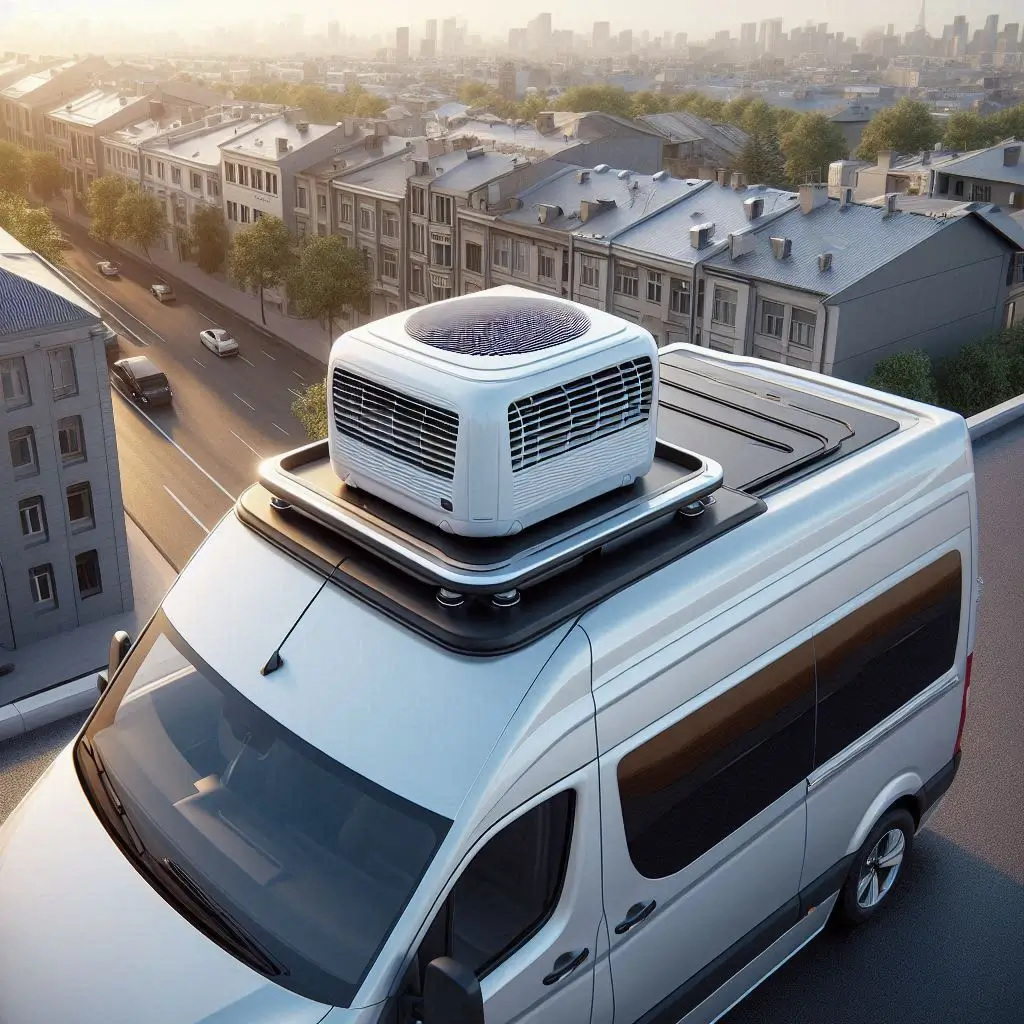 "A rooftop air conditioner mounted on a van roof, showing the sleek design and installation process, highlighting its space-saving benefits."