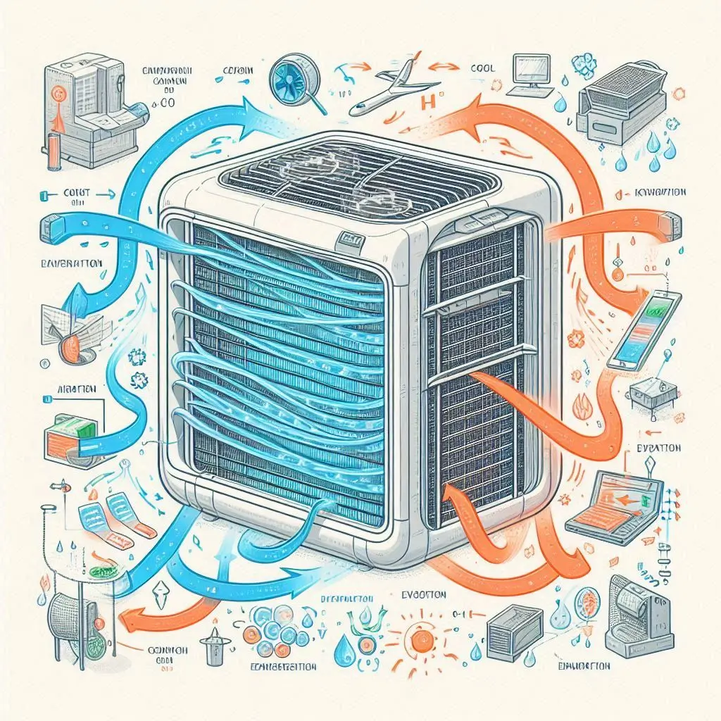 A diagram illustrating the operation of an evaporative cooler, showing airflow and evaporation processes to cool the air.