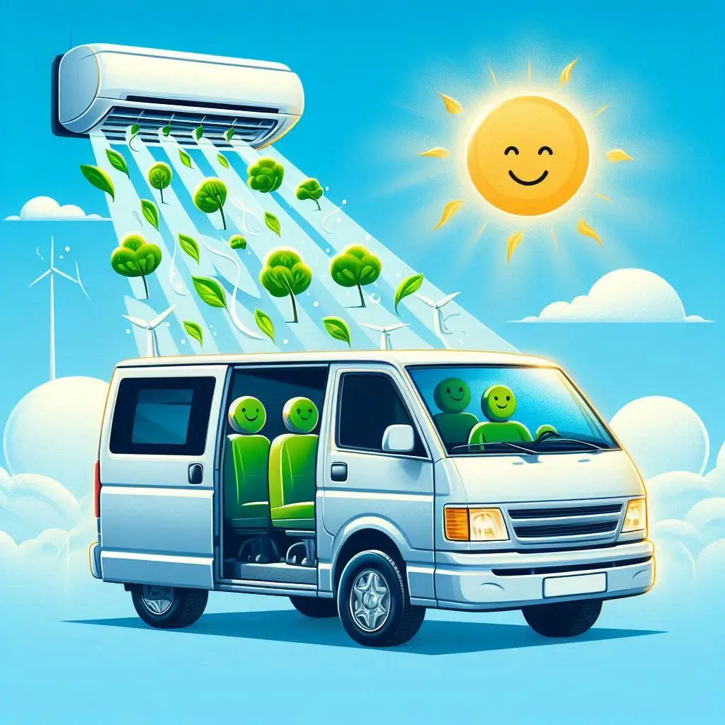 "A van with open windows and an air conditioning unit running, depicting better ventilation and improved air quality inside the van."