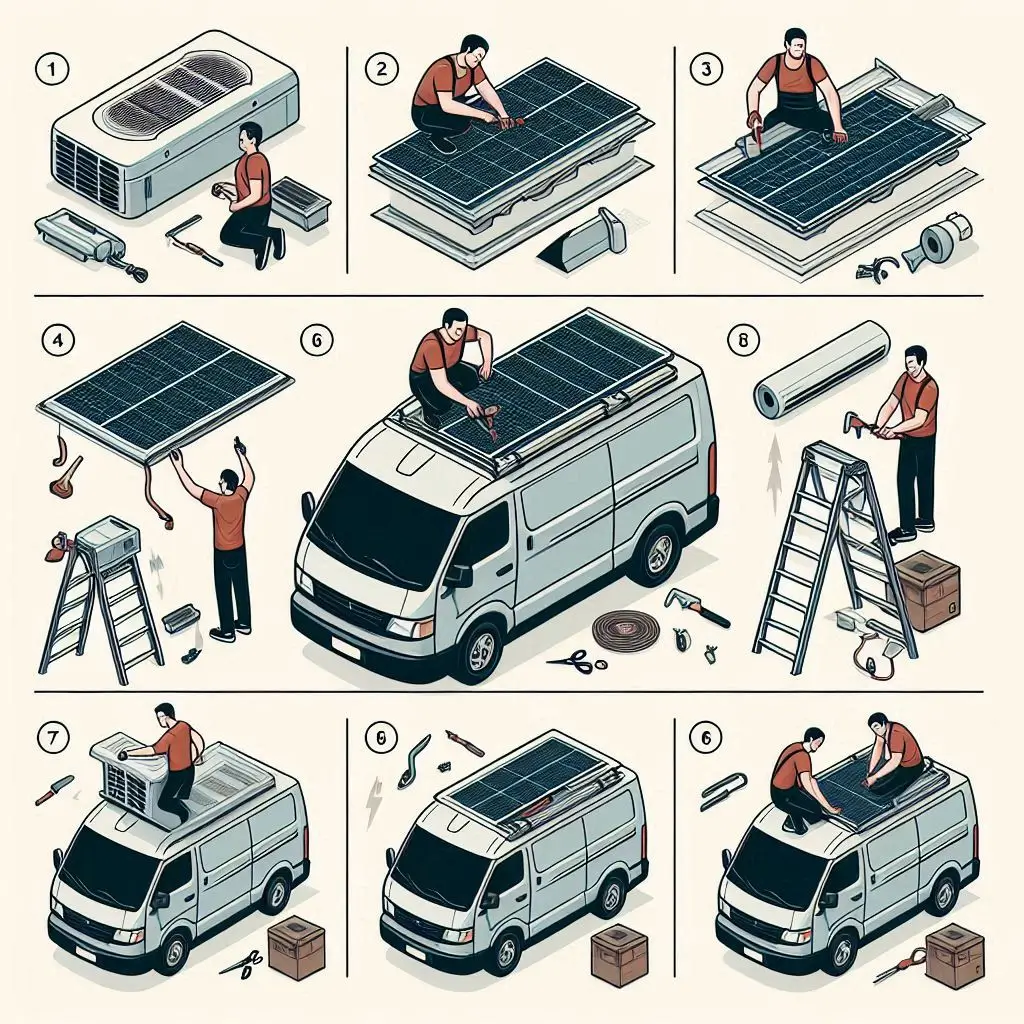 "Step-by-step images showing the installation process of a rooftop air conditioner on a van, including cutting the roof, sealing, positioning, and securing the unit."