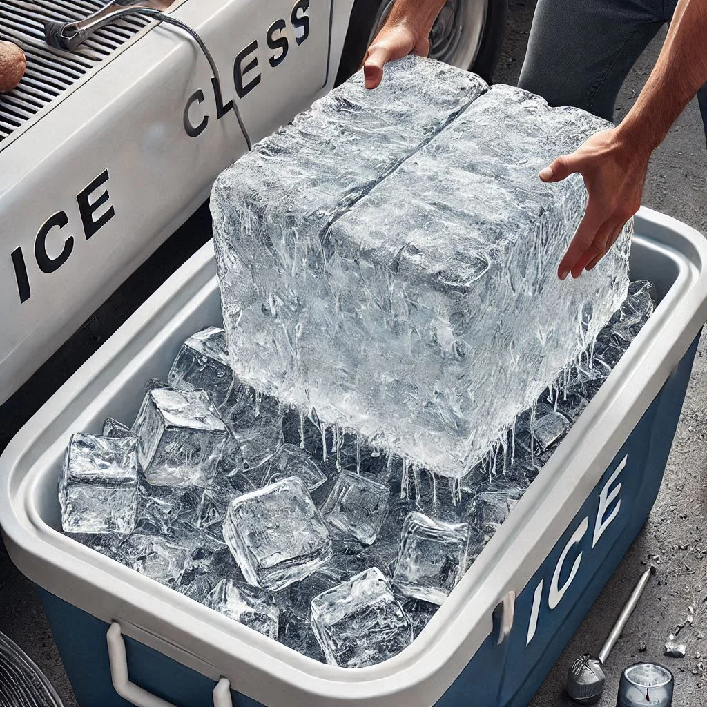 "A close-up of large ice blocks placed in an ice chest, showing how they provide longer-lasting cooling compared to crushed ice."