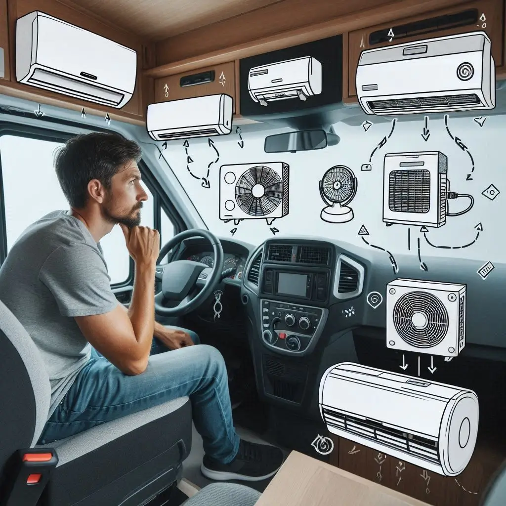 "A person examining different types of air conditioners in a van, with various options laid out, highlighting the considerations in selecting the right unit for van life."
