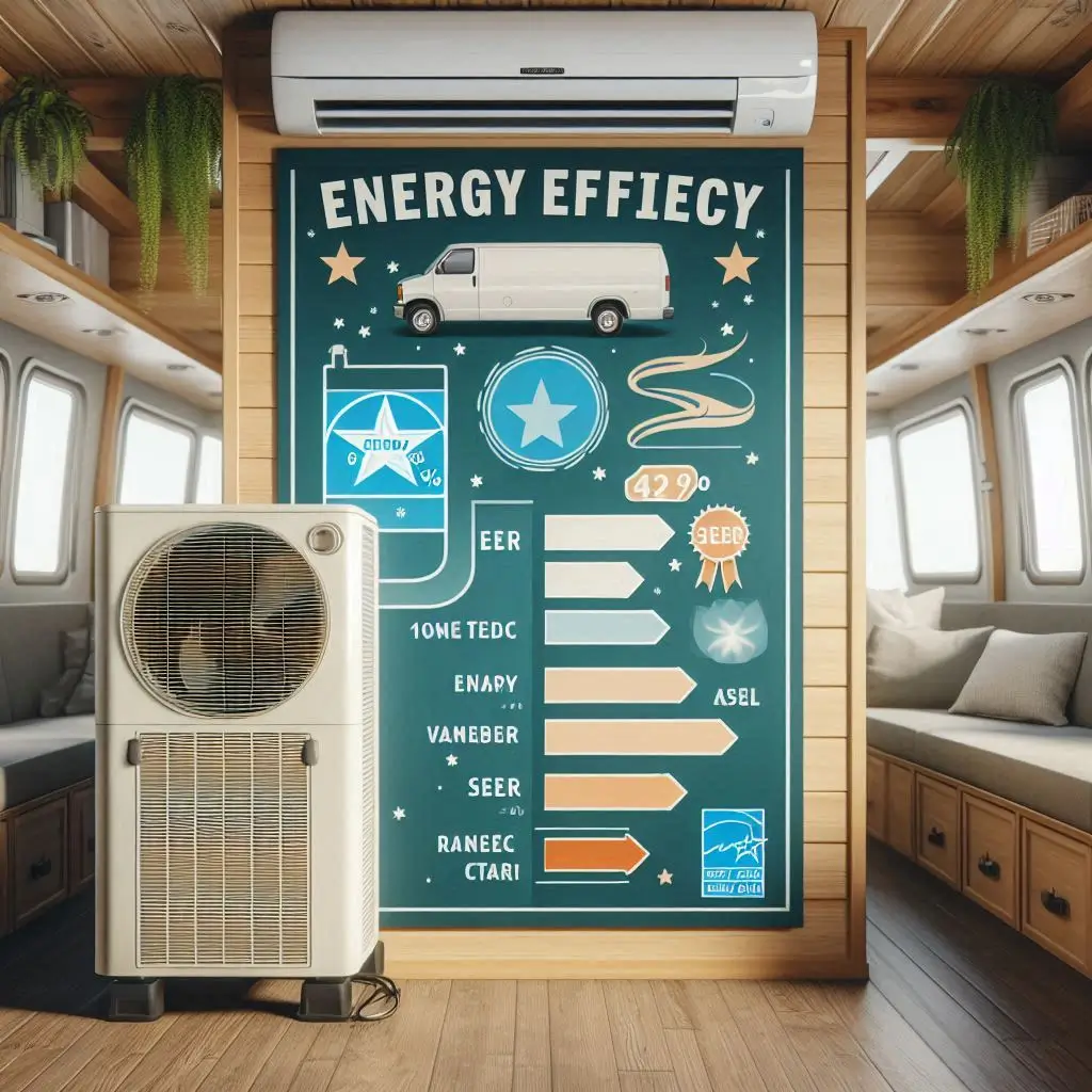 "An energy-efficient air conditioning unit with Energy Star certification, displayed prominently alongside an infographic explaining EER and SEER ratings, emphasizing the importance of energy efficiency in van life."