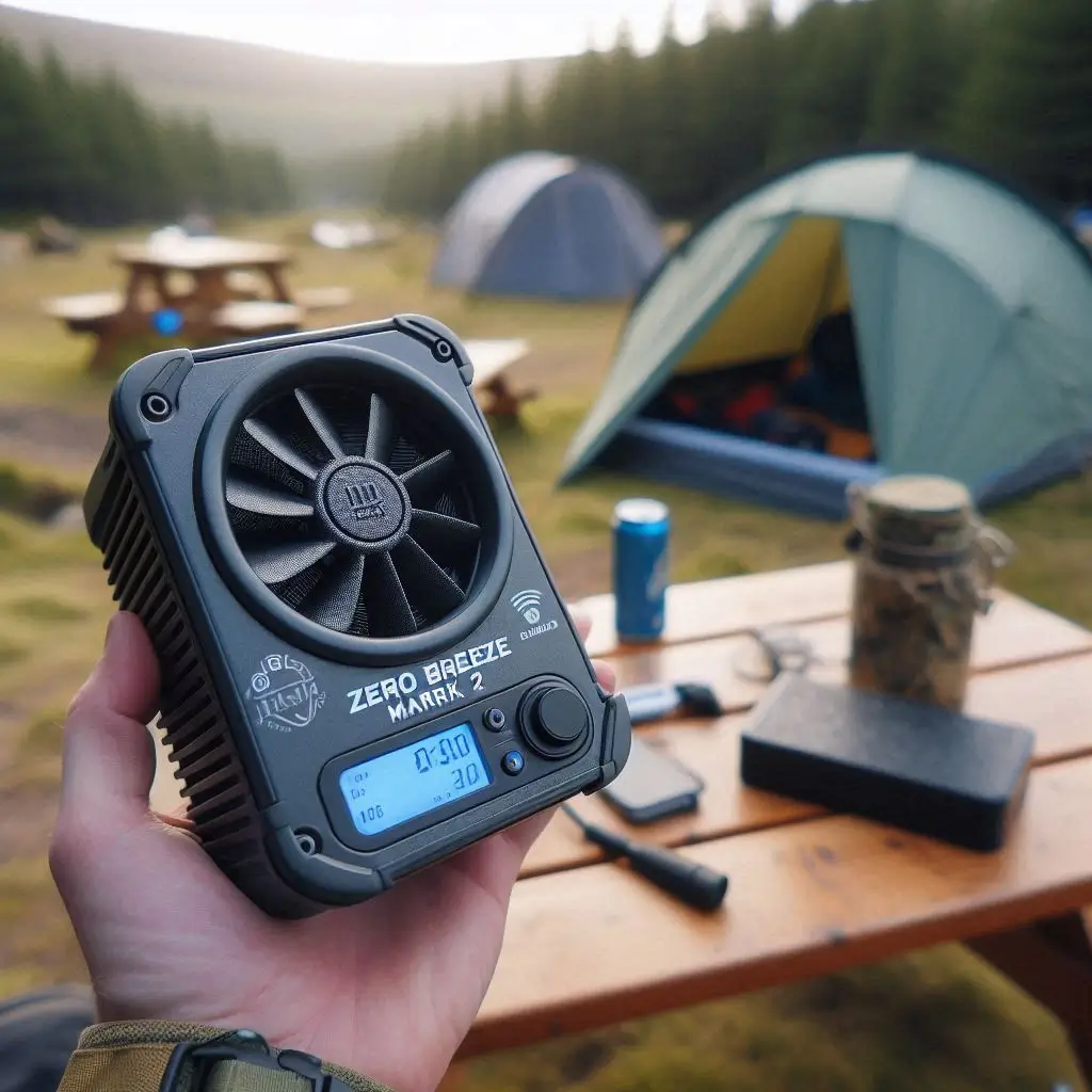 A photo of the Zero Breeze Mark 2 in use at a campsite, showing its compact size and functionality.
