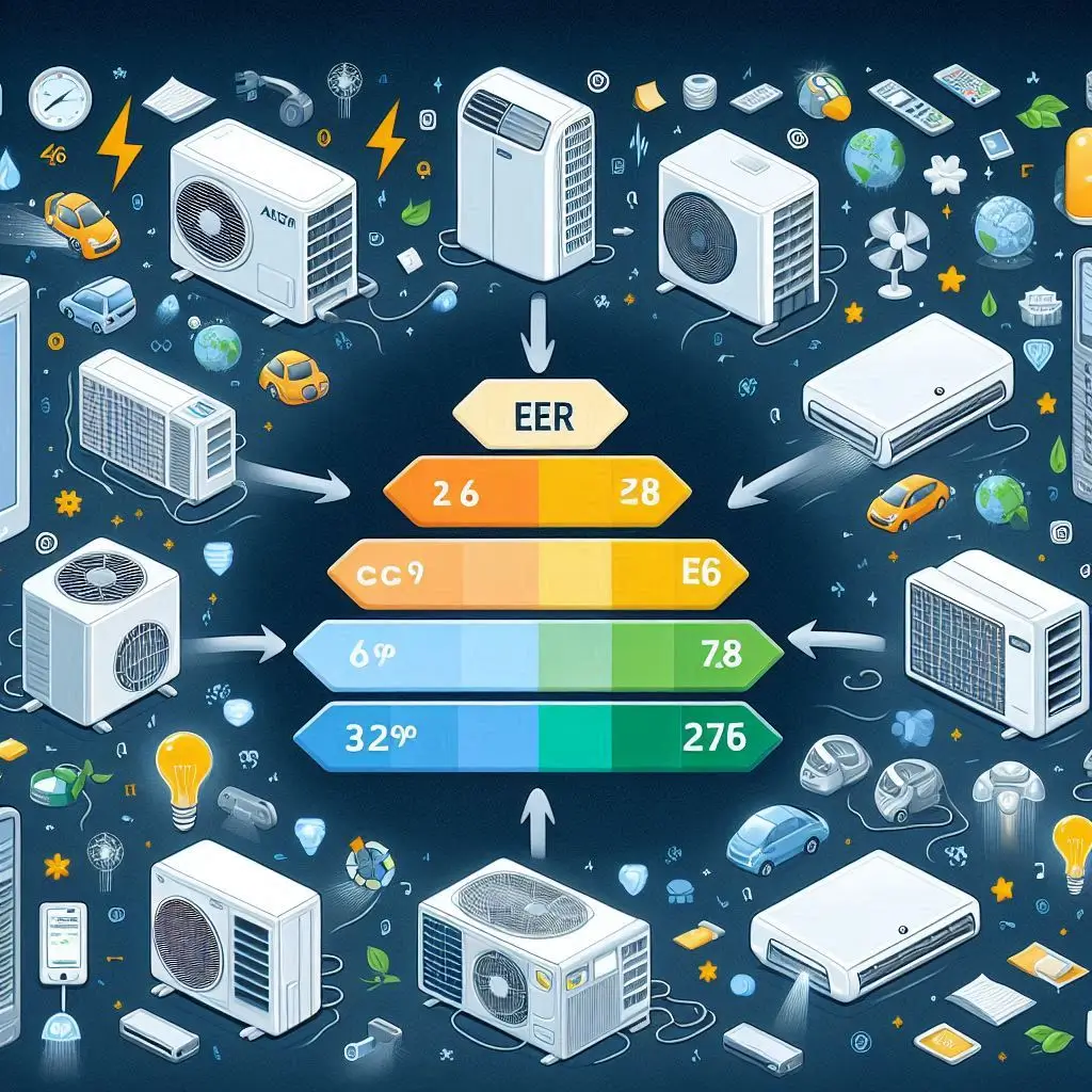An infographic illustrating the Energy Efficiency Ratio (EER) of various portable air conditioners, showcasing their power consumption in comparison to traditional units.