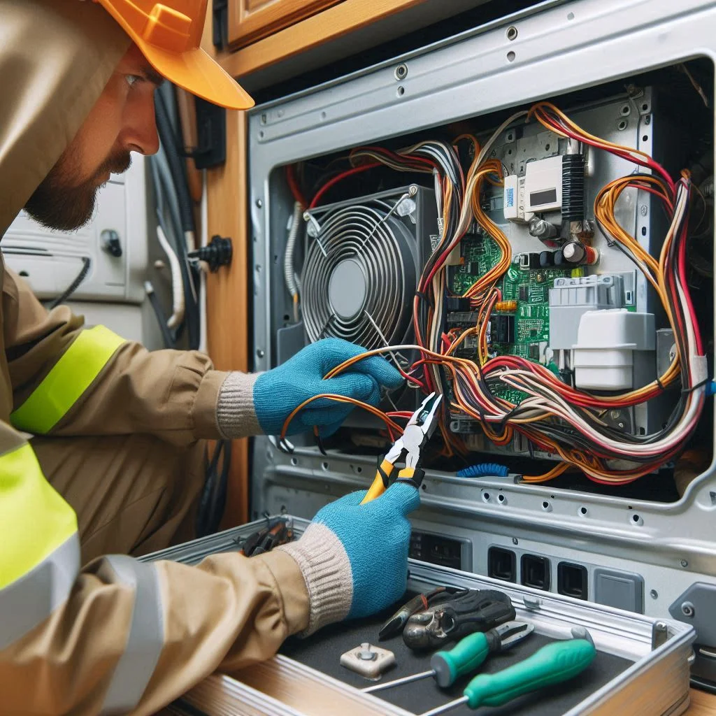 An image depicting a technician inspecting the electrical connections of an RV air conditioner, emphasizing electrical maintenance.