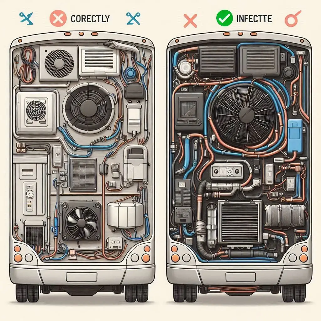 A side-by-side comparison of a correctly installed vs. incorrectly installed RV AC, highlighting issues like improper sealing, incorrect wiring, and poor airflow clearance.