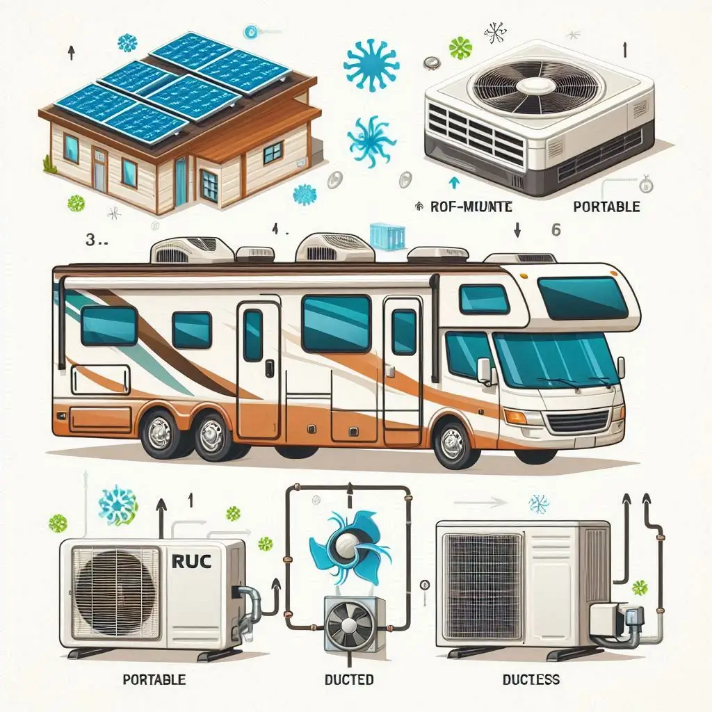 A comparison chart showing different types of RV air conditioners (roof-mounted, portable, ducted, and ductless systems) with their features and benefits.