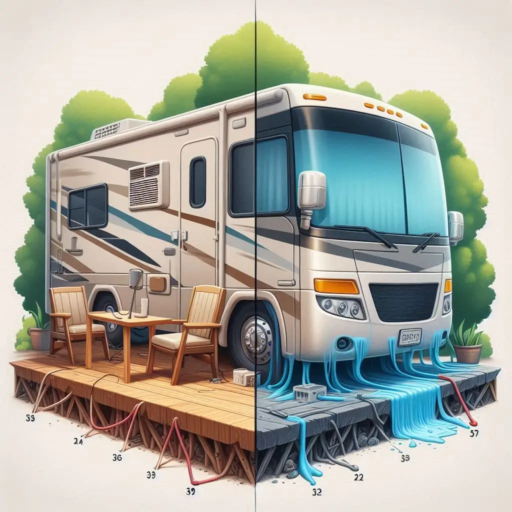 A visual comparison showing a properly installed RV air conditioner versus one that is improperly installed, highlighting issues like leveling and sealing.