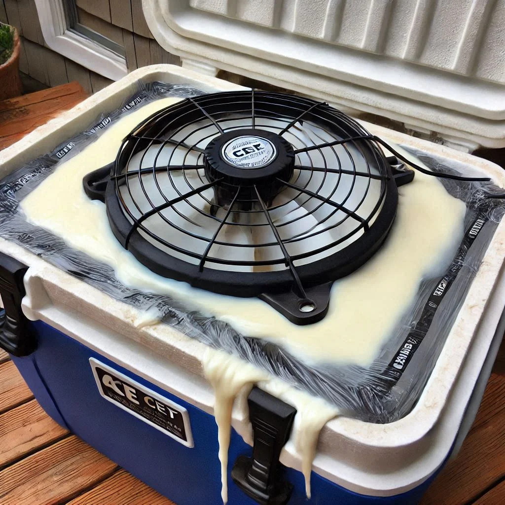 "An image showing a fan securely attached to the ice chest with silicone sealant around the edges to prevent air leakage."