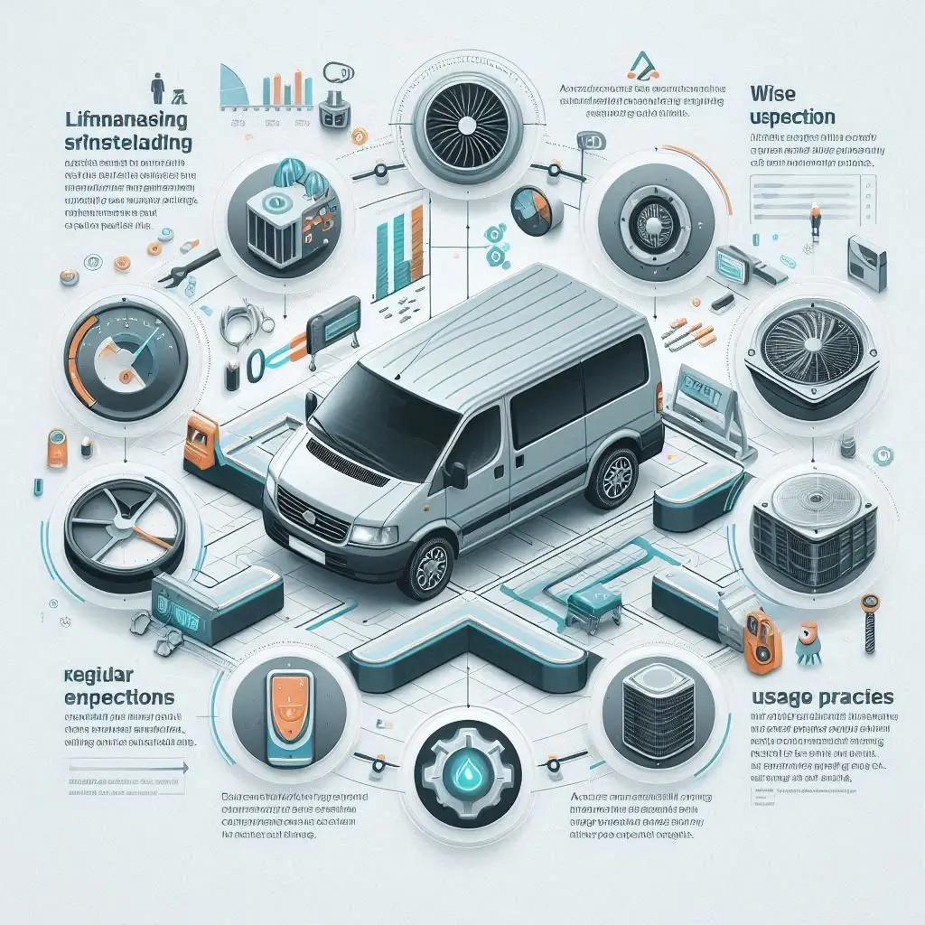 "A well-maintained van air conditioning unit surrounded by a clear space, with infographics on lifespan-extending tips like regular inspections and wise usage practices."