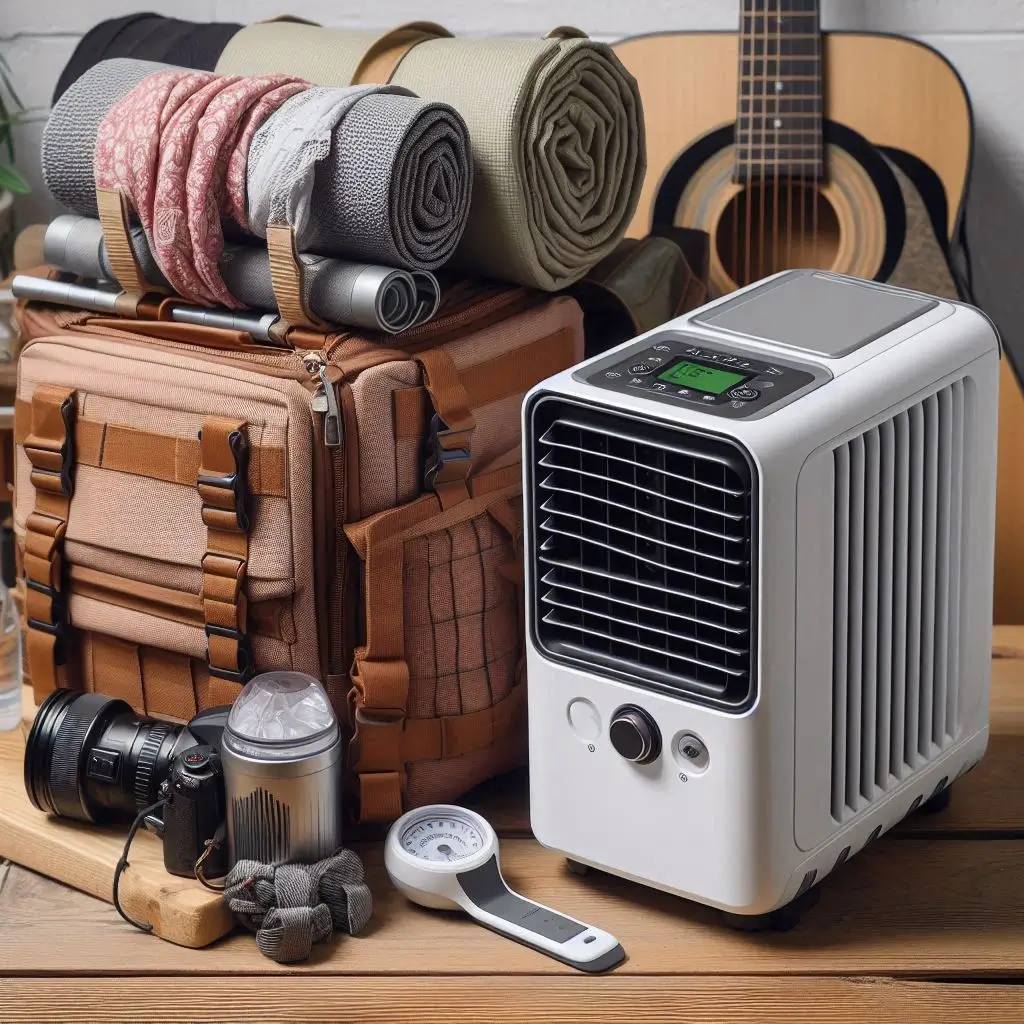 A side-by-side comparison image showcasing a lightweight portable air conditioner next to standard camping gear, highlighting its portability.