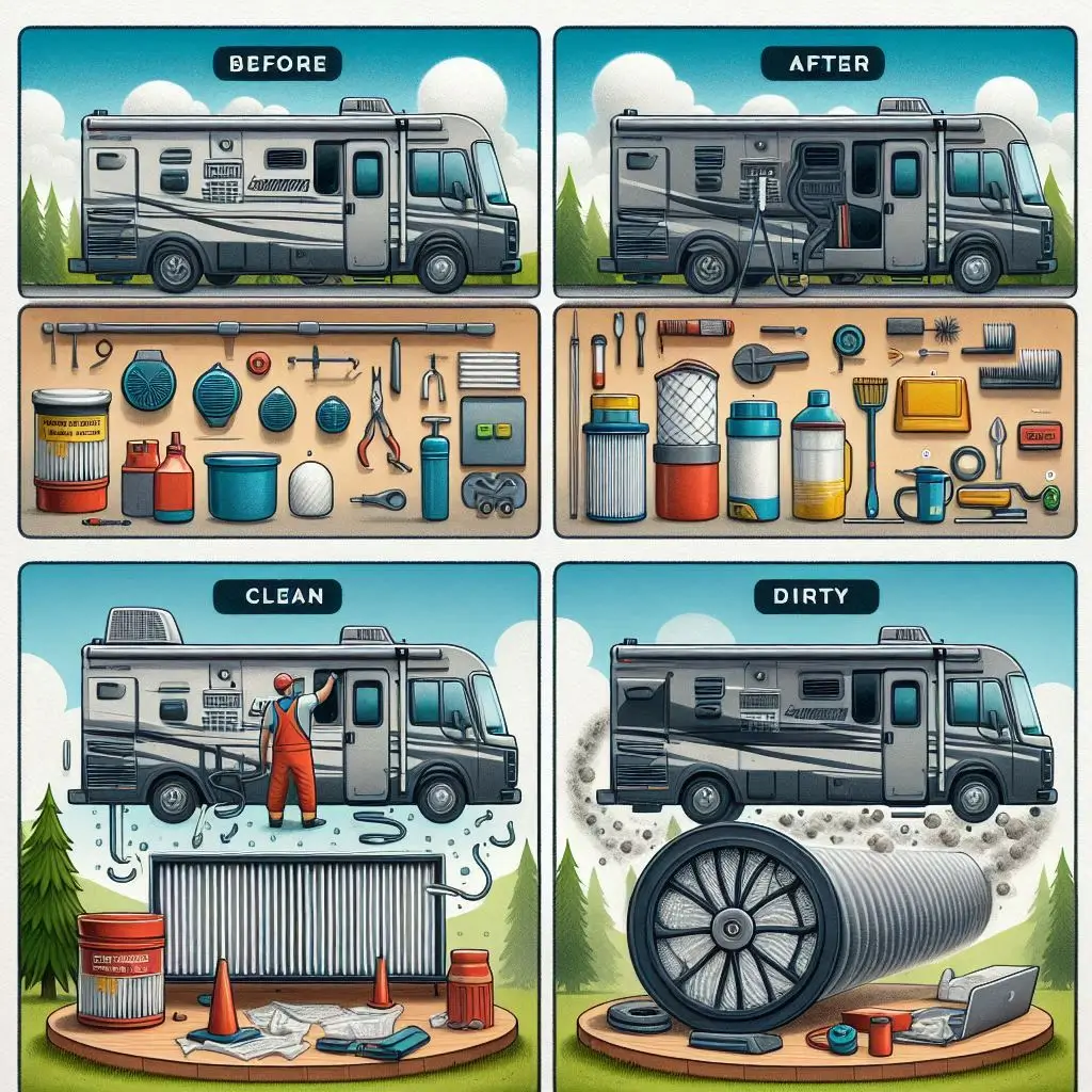 A visual showing the process of inspecting and cleaning an RV air filter, highlighting before-and-after images of a clean versus dirty filter.