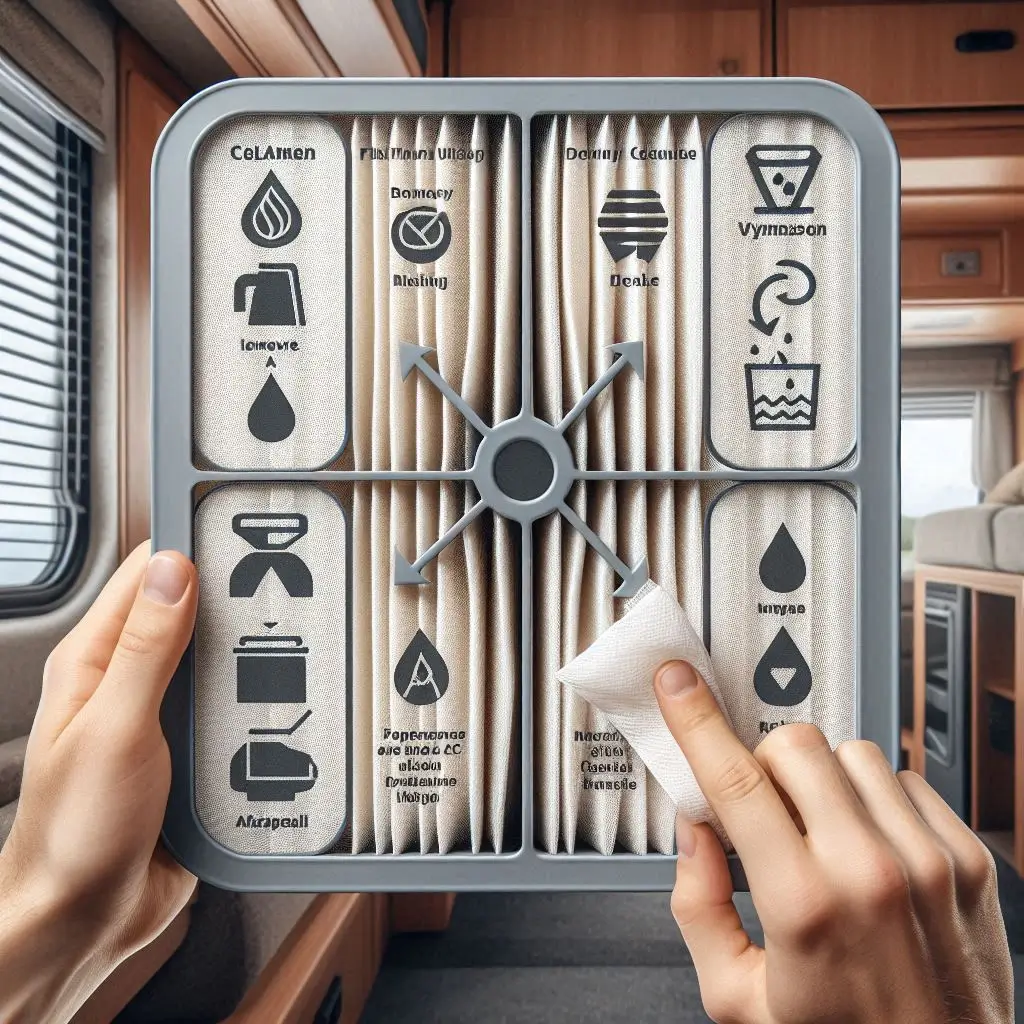 A close-up of an RV AC filter being removed and cleaned, with clear step-by-step labels indicating proper washing and drying techniques.