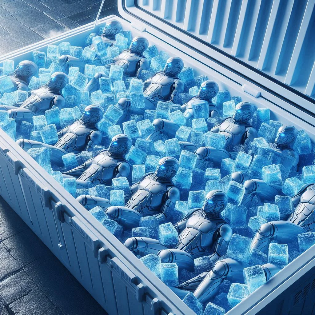 "An image showing ice blocks evenly arranged inside an ice chest, ensuring uniform cooling across the entire cooler."