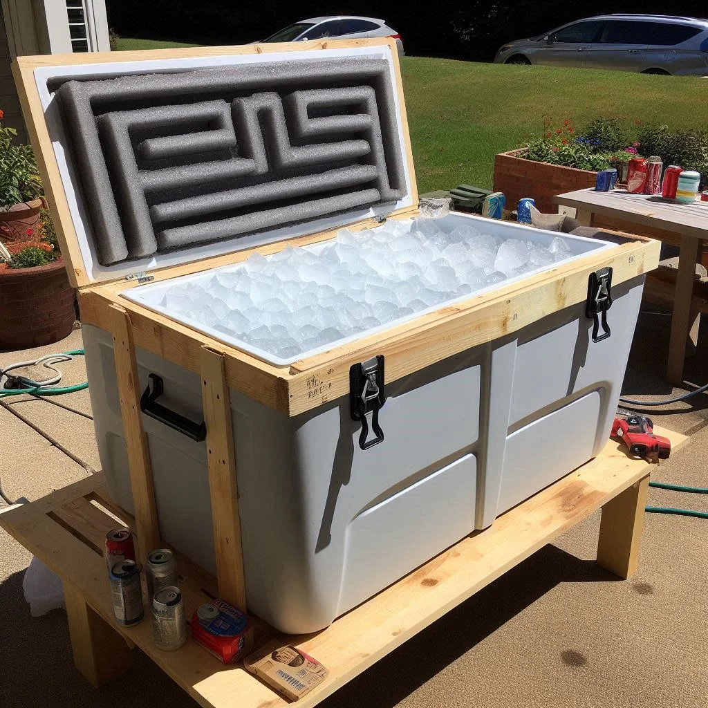 "A close-up image of a large insulated ice chest with a sturdy build, ready to be transformed into a DIY air conditioner."