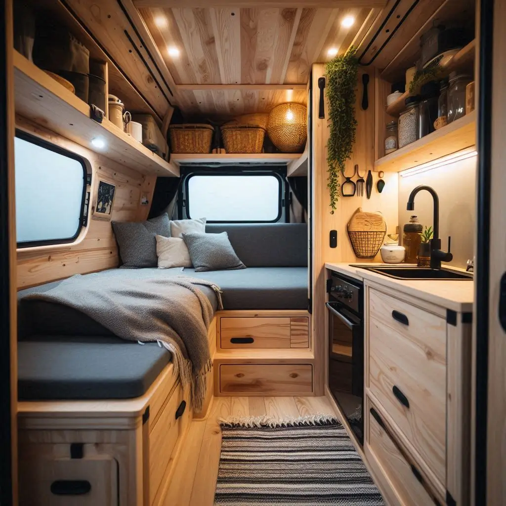 "A cozy interior of a converted van showcasing a bed, small kitchen, and storage solutions, emphasizing the minimalist lifestyle of van life."