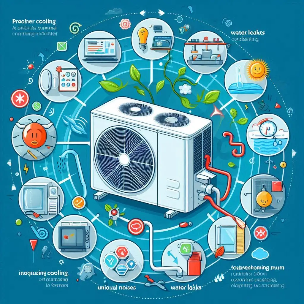 A visual representation of common air conditioner issues, such as poor cooling, unusual noises, and water leaks, with accompanying troubleshooting tips for each problem.