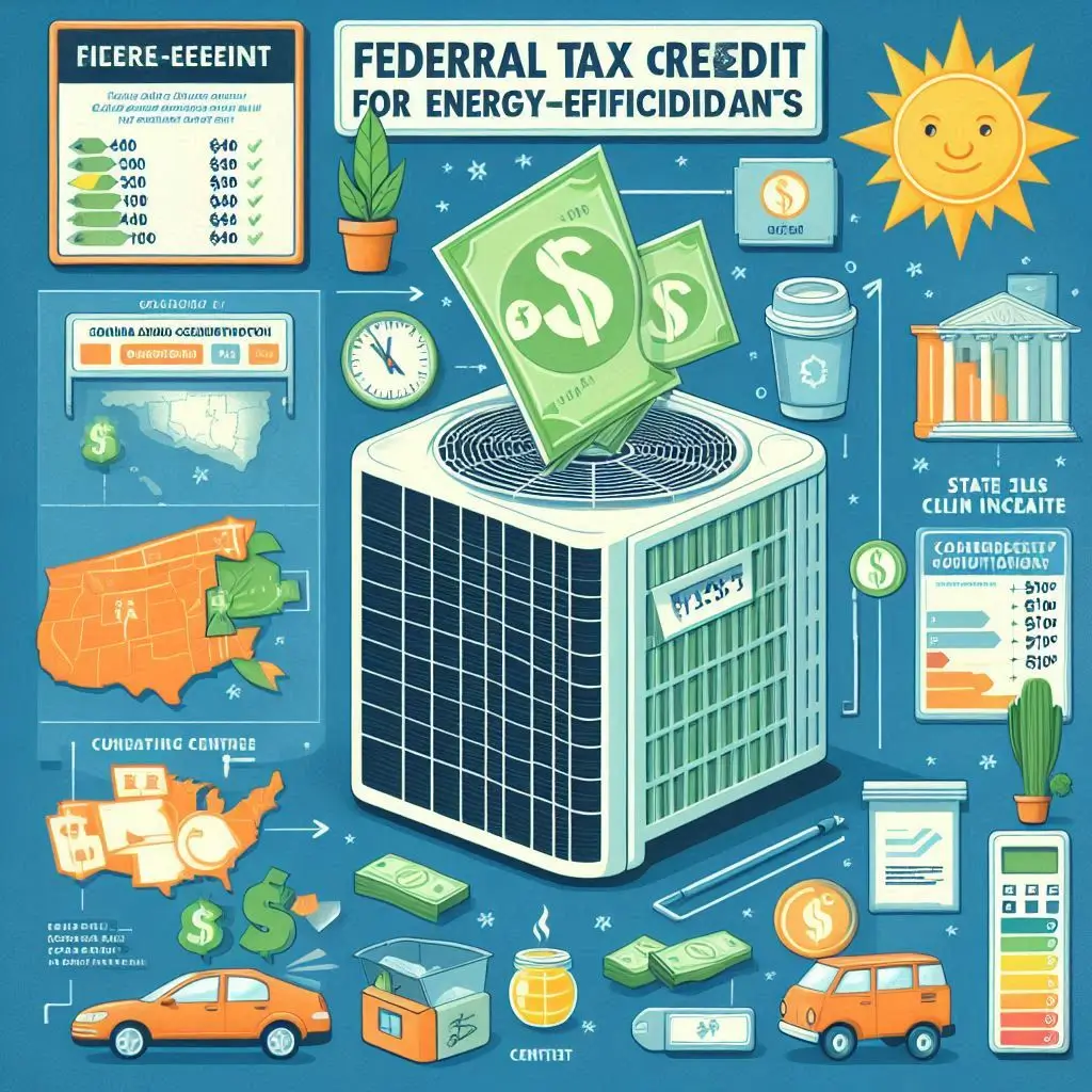 A graphic depicting the federal tax credit amount for energy-efficient air conditioners, along with examples of state-specific incentives.