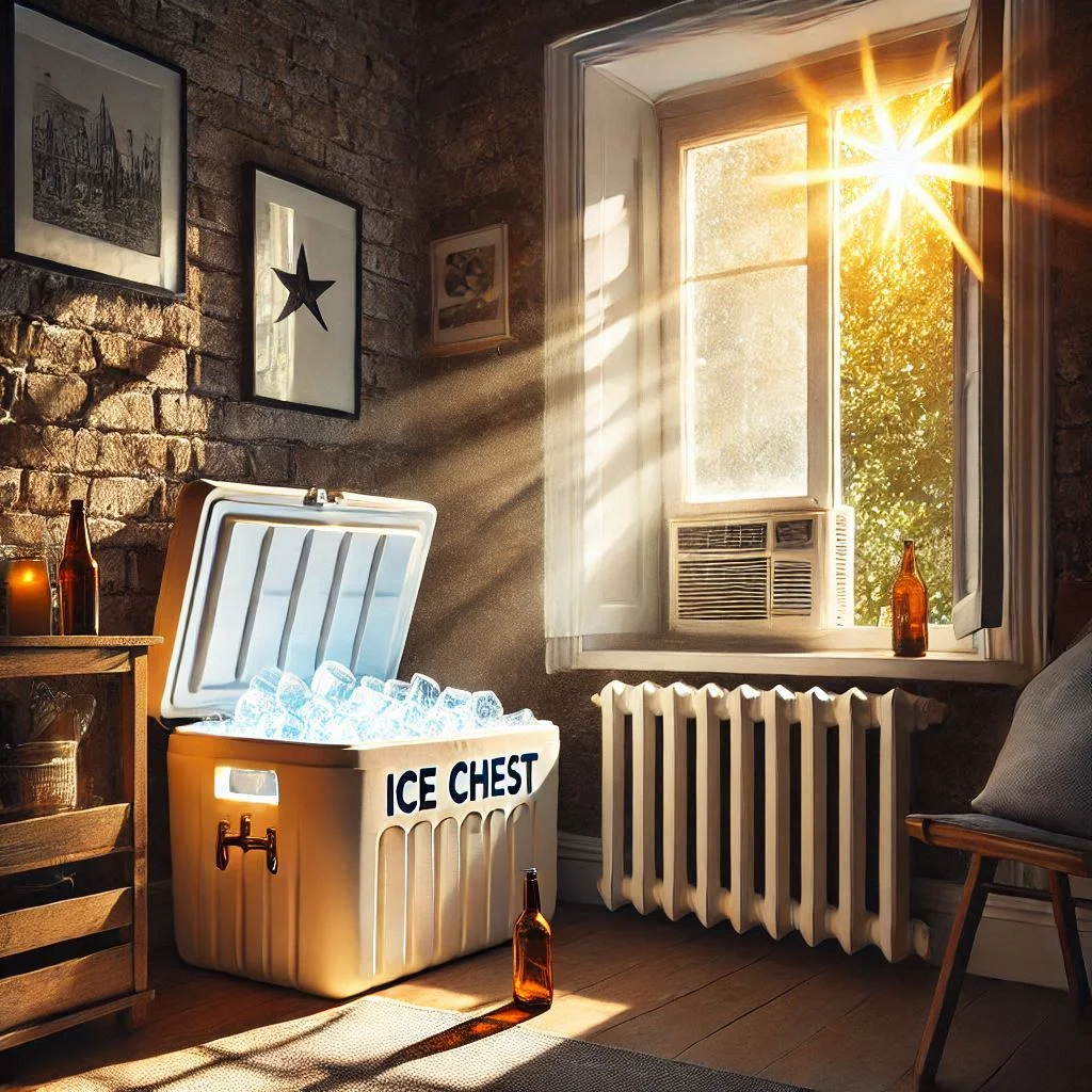 "An image showing a DIY ice chest air conditioner placed near a window, with sunlight streaming in, effectively cooling the room."