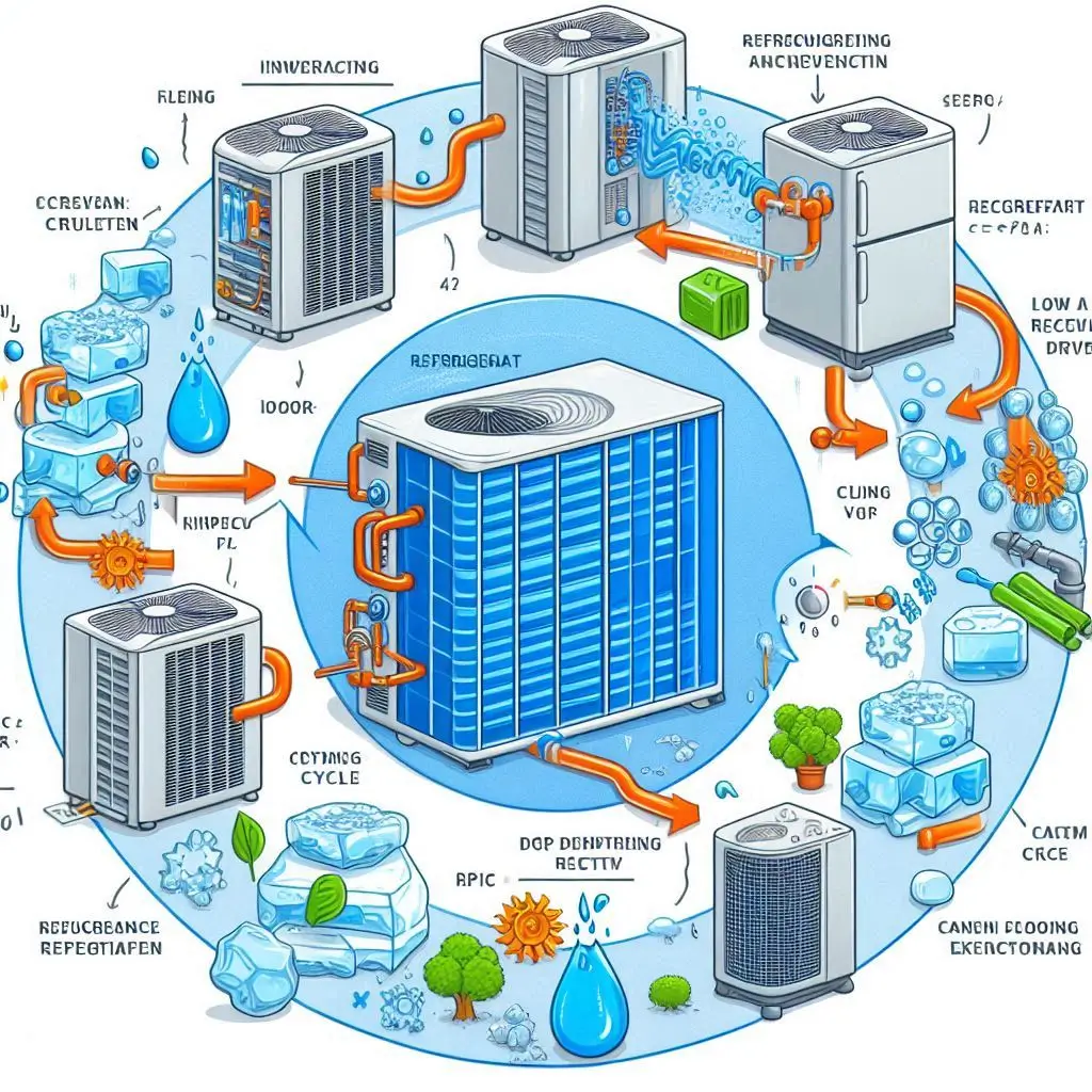 A diagram illustrating the refrigerant cycle, showing how low refrigerant levels lead to freezing and subsequent water dripping.