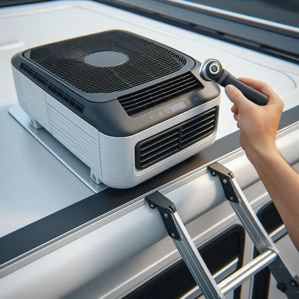 A close-up of a compact RV AC unit being installed on the roof of a camper van. The image should capture the lightweight and small design of the unit, emphasizing easy installation.