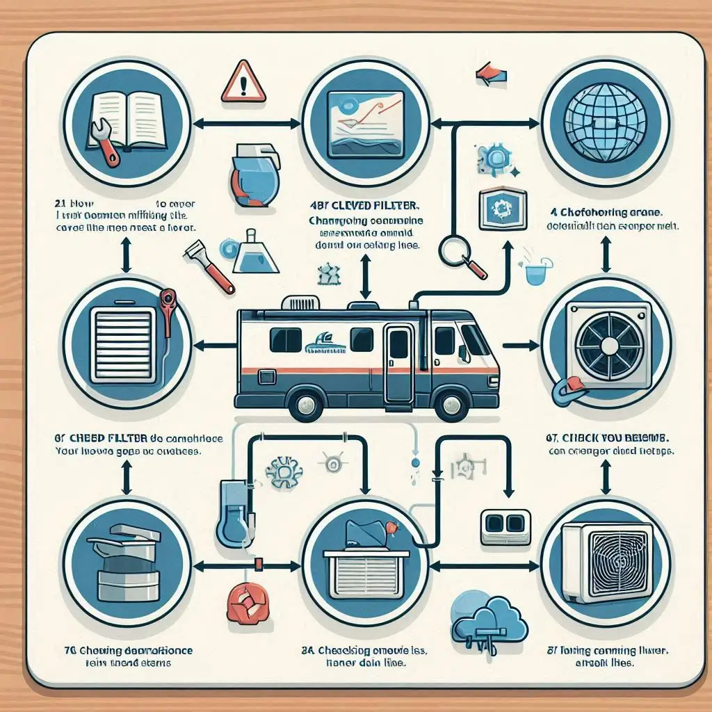 A visual flowchart showing DIY troubleshooting steps for RV air conditioner issues, with icons representing each step, like cleaning filters and checking drain lines.