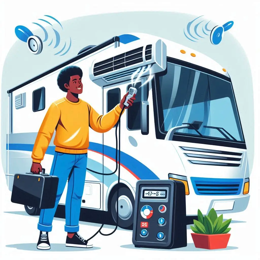 An illustration of a person testing the RV air conditioner after installation, showing airflow and digital controls in action.