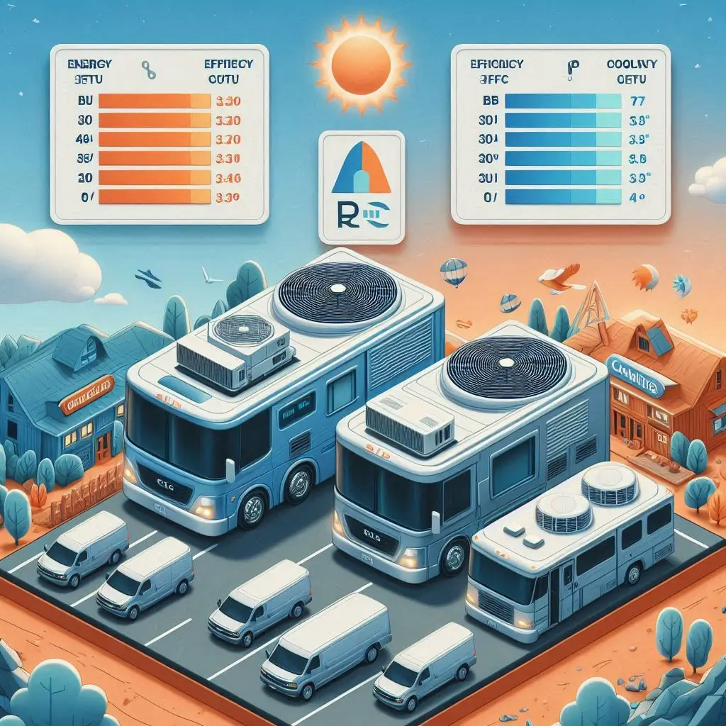 A comparison chart showcasing the BTU ratings and energy efficiency of different small rooftop RV air conditioners, emphasizing the importance of selecting the right cooling capacity for various RV sizes.