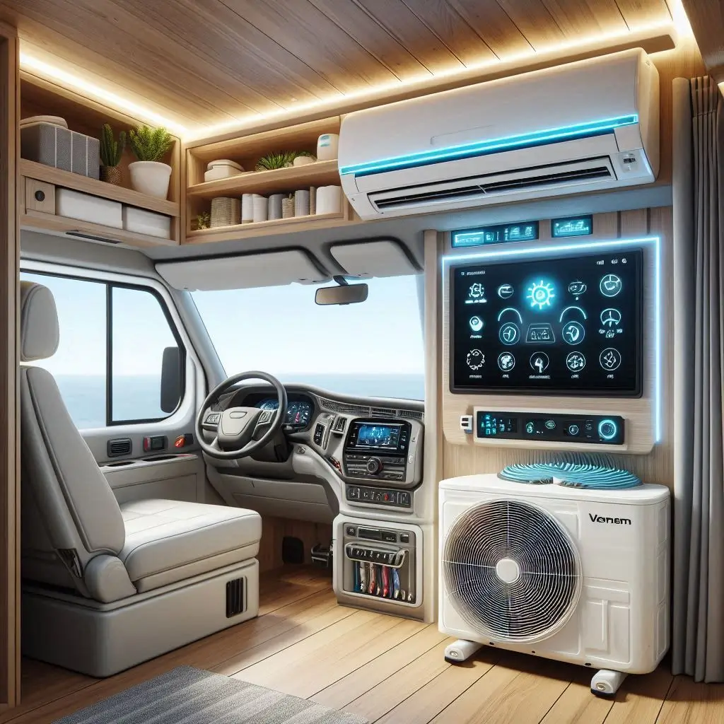 "A ductless mini-split air conditioning system installed in a van, showing the indoor air handler and outdoor compressor, emphasizing its energy efficiency and quiet operation."