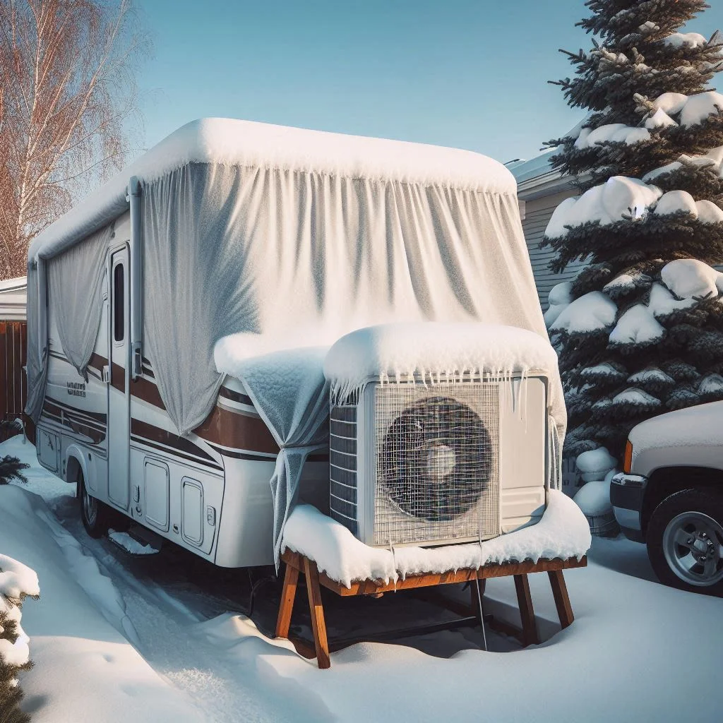 An image showing an RV air conditioner being covered for winter storage, highlighting the importance of protecting the unit.